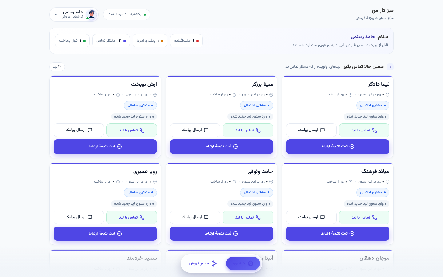 میز کار کارشناس فروش در نرم افزار CRM مشتریات